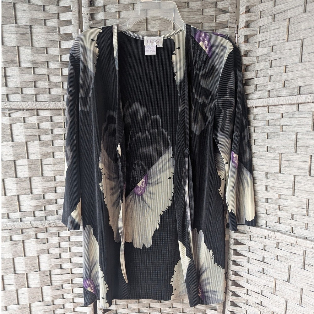 Vtg Tess‎ Cardigan Black Purple Floral Micro Pleated Tie Front Sz L Whimsigoth